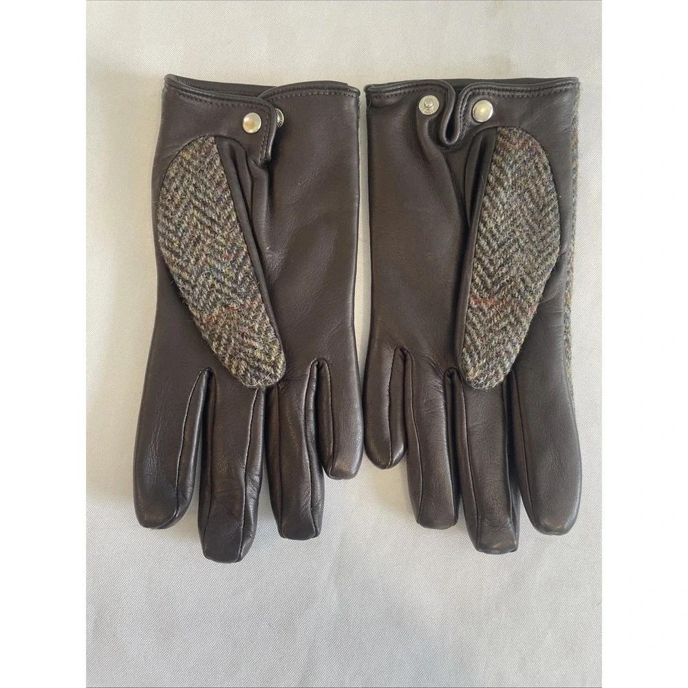 NWOT Harris Tweed Scotland Wool Leather Gloves S Brown Herringbone Peter James